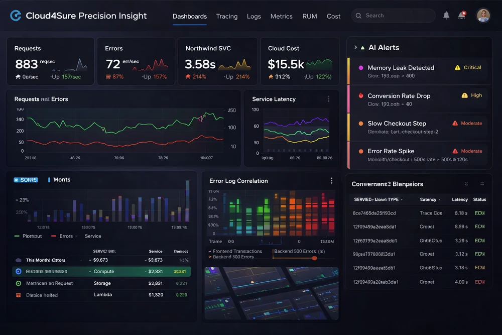 Cloud4Sure Precision Insight dashboard showing real-time metrics and AI-powered observability